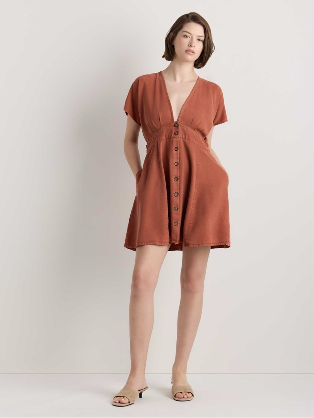 Quince Vintage Wash Tencel Button Front Dress Terracotta